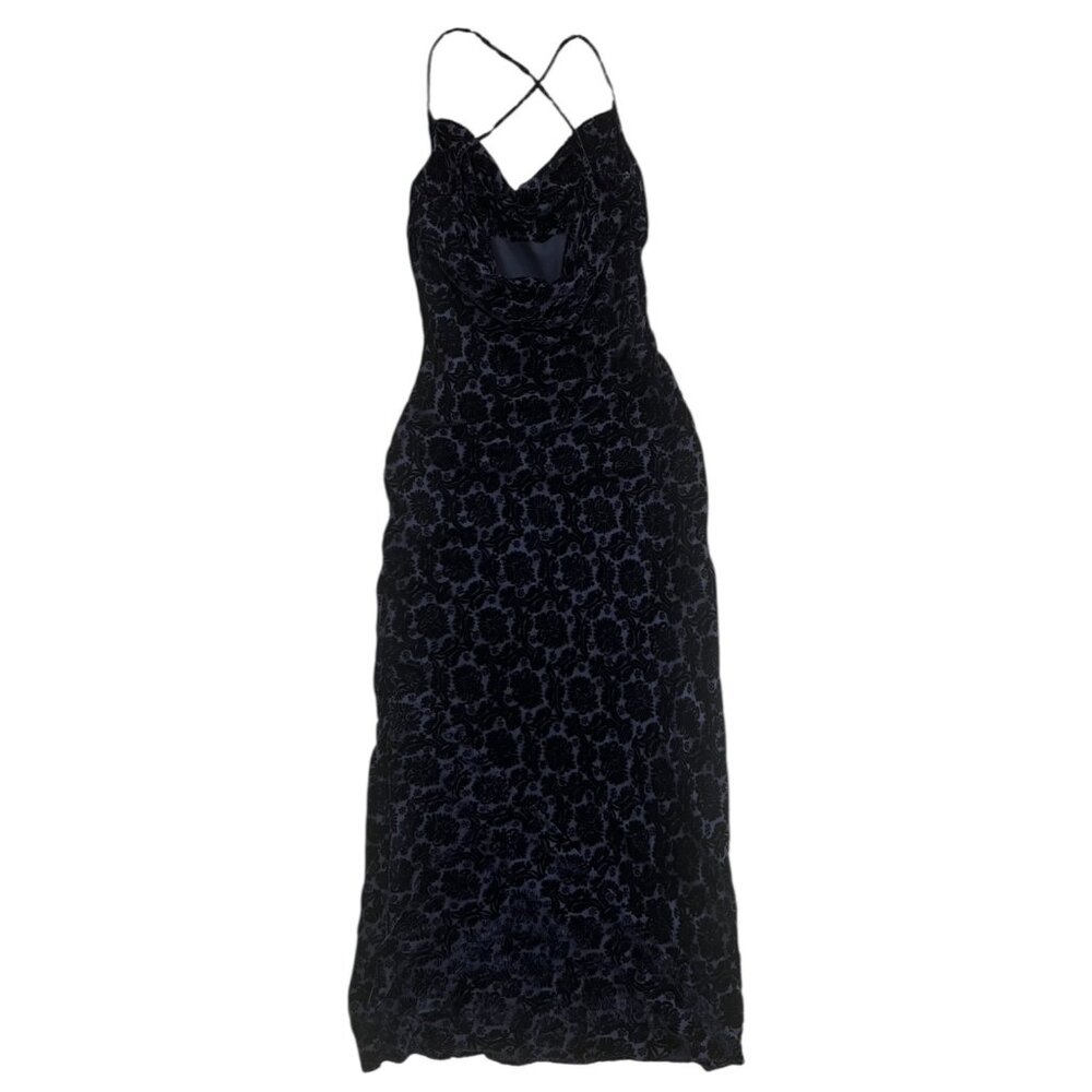 Vintage Velvet Burnout Slinky Cowl Maxi Gown Navy 4 Witchy Whimsygoth Vampire - Picture 2 of 14